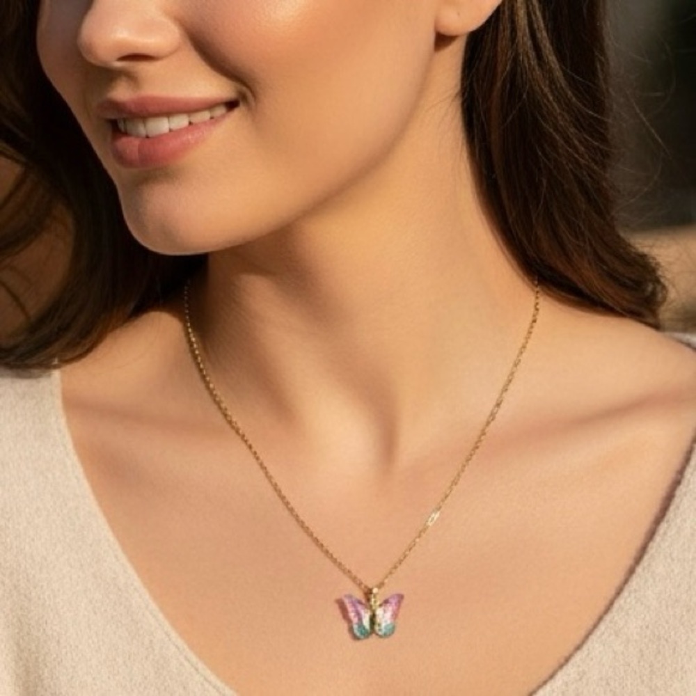 Butterfly Pink Green Gold Plated Necklace - Picture 1 of 13